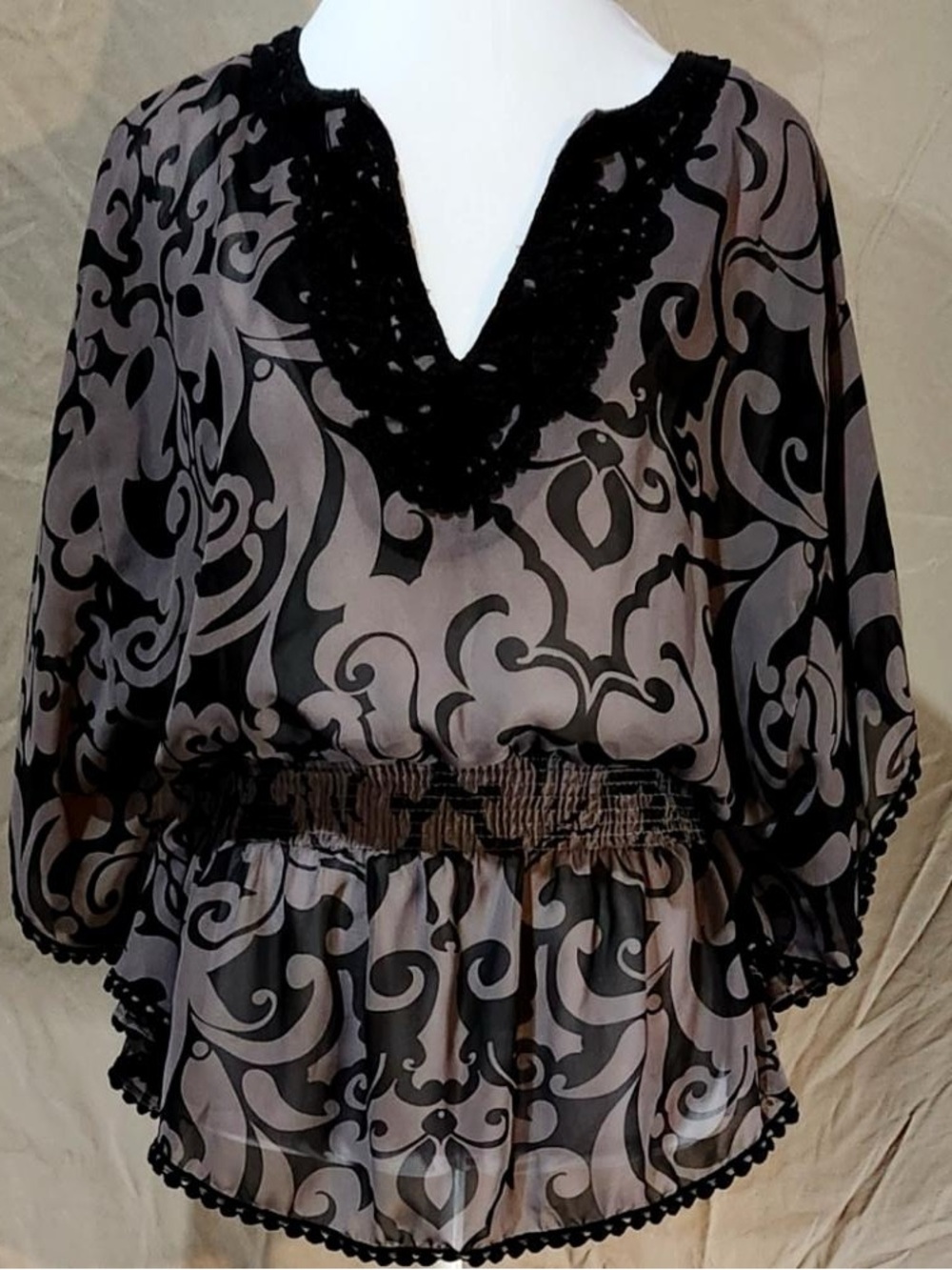 Sheer Patterned Black and Taupe V-Neck Blouse with Crochet Trim